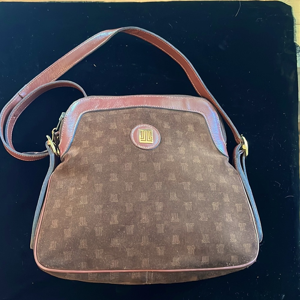 Lanvin Vintage Brown Suede Logo crossbody purse